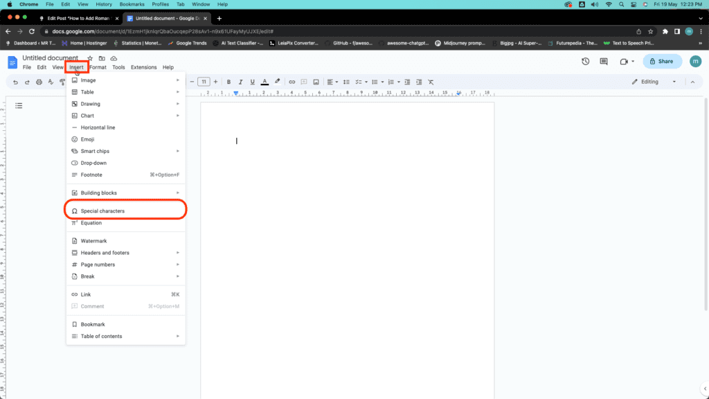 Navigate to the "Insert" menu, then click on "Special characters."